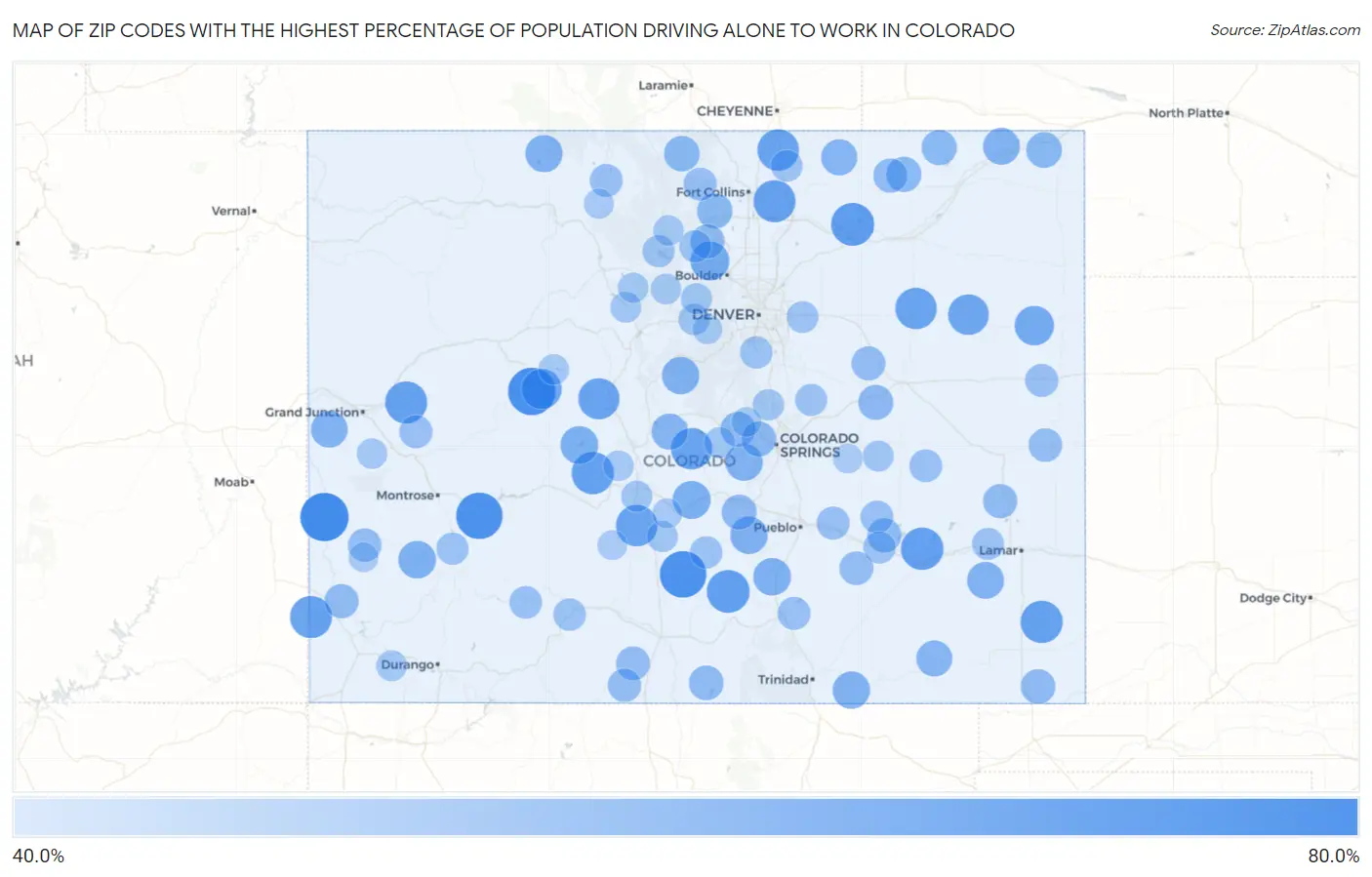 Zip Codes with the Highest Percentage of Population Driving Alone to Work in Colorado Map