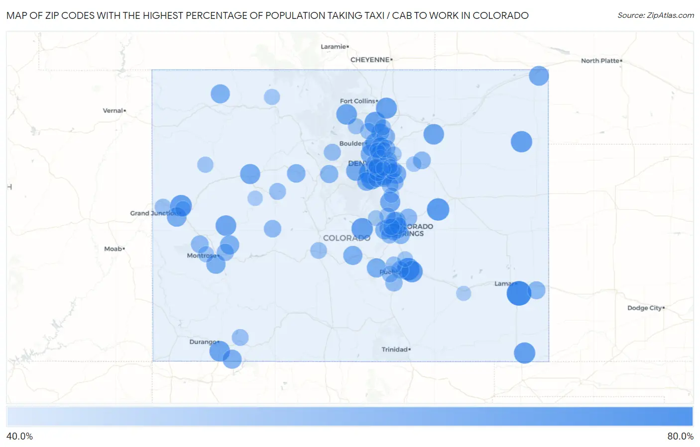 Zip Codes with the Highest Percentage of Population Taking Taxi / Cab to Work in Colorado Map