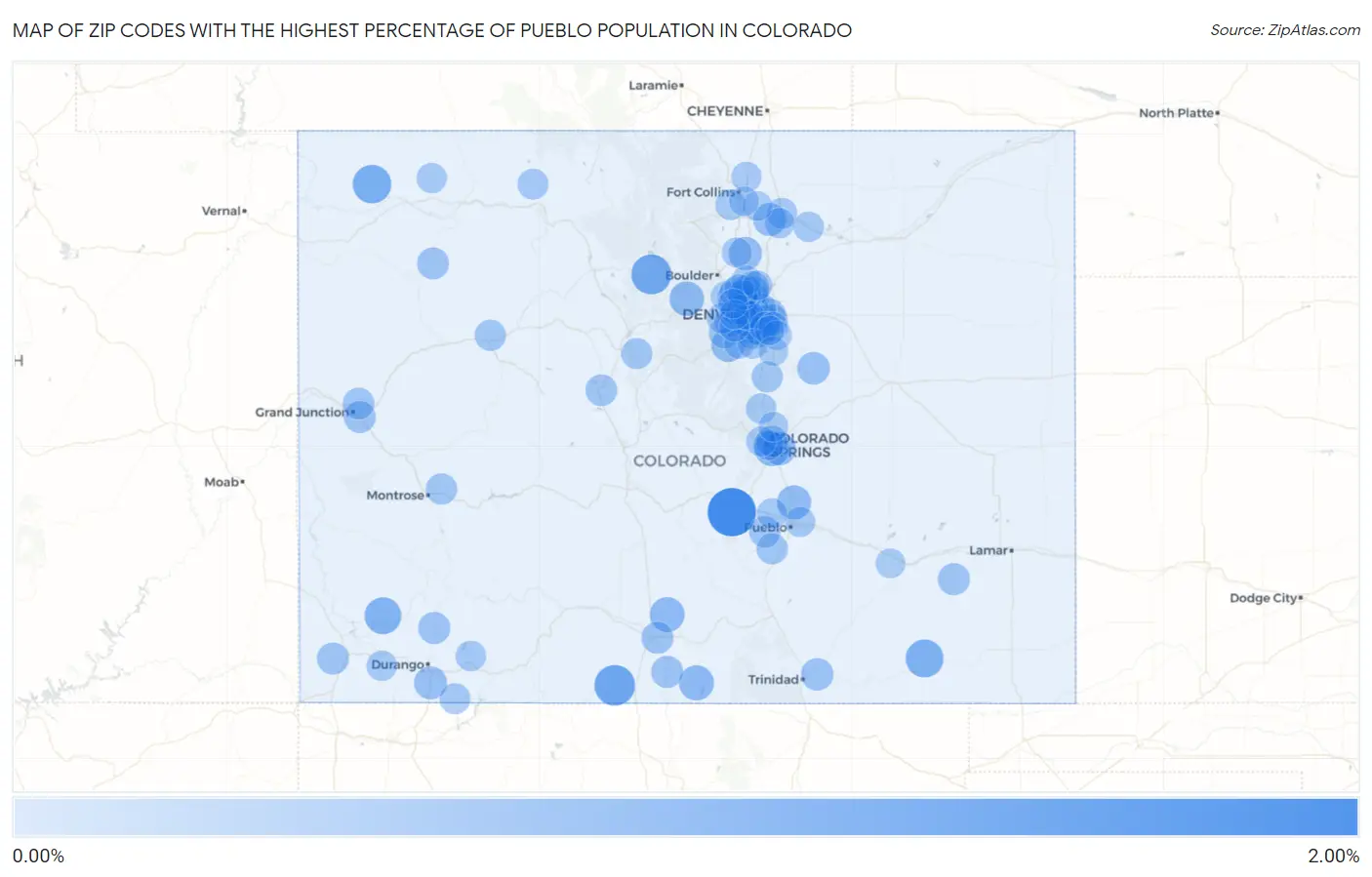 Zip Codes with the Highest Percentage of Pueblo Population in Colorado Map