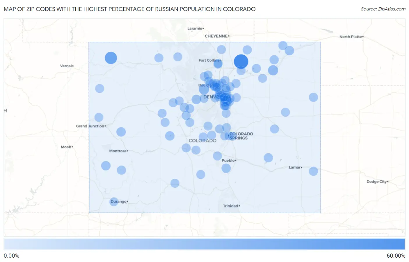 Zip Codes with the Highest Percentage of Russian Population in Colorado Map