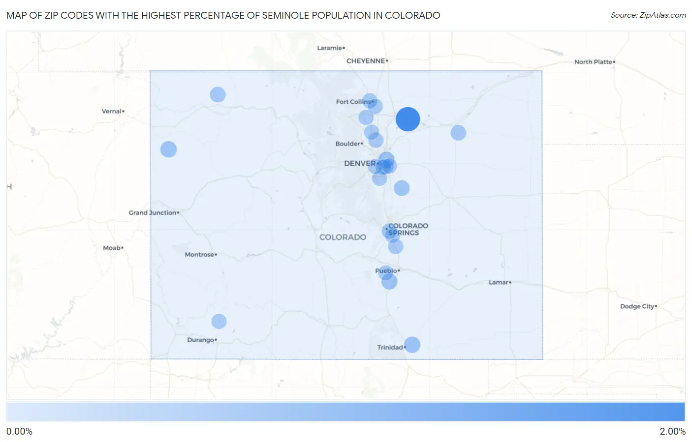 Zip Codes with the Highest Percentage of Seminole Population in Colorado Map