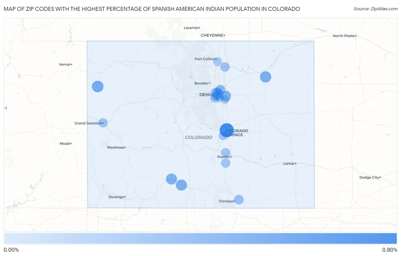 Zip Codes with the Highest Percentage of Spanish American Indian Population in Colorado Map