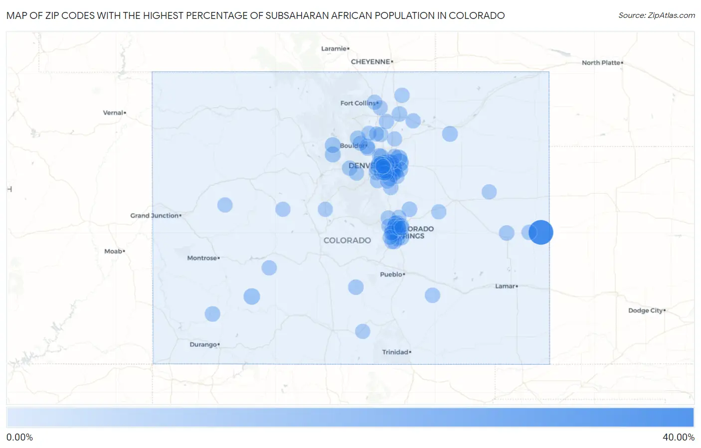 Zip Codes with the Highest Percentage of Subsaharan African Population in Colorado Map
