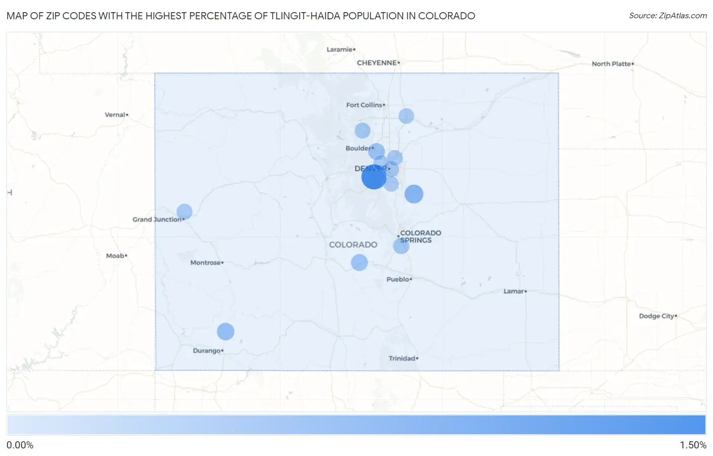Zip Codes with the Highest Percentage of Tlingit-Haida Population in Colorado Map