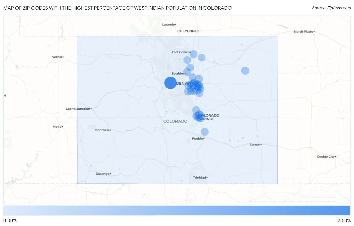 Zip Codes with the Highest Percentage of West Indian Population in Colorado Map