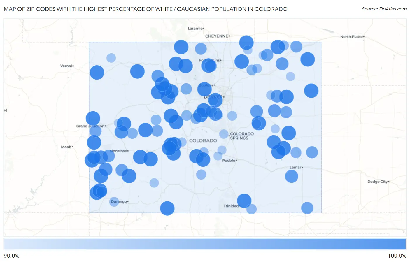 Zip Codes with the Highest Percentage of White / Caucasian Population in Colorado Map