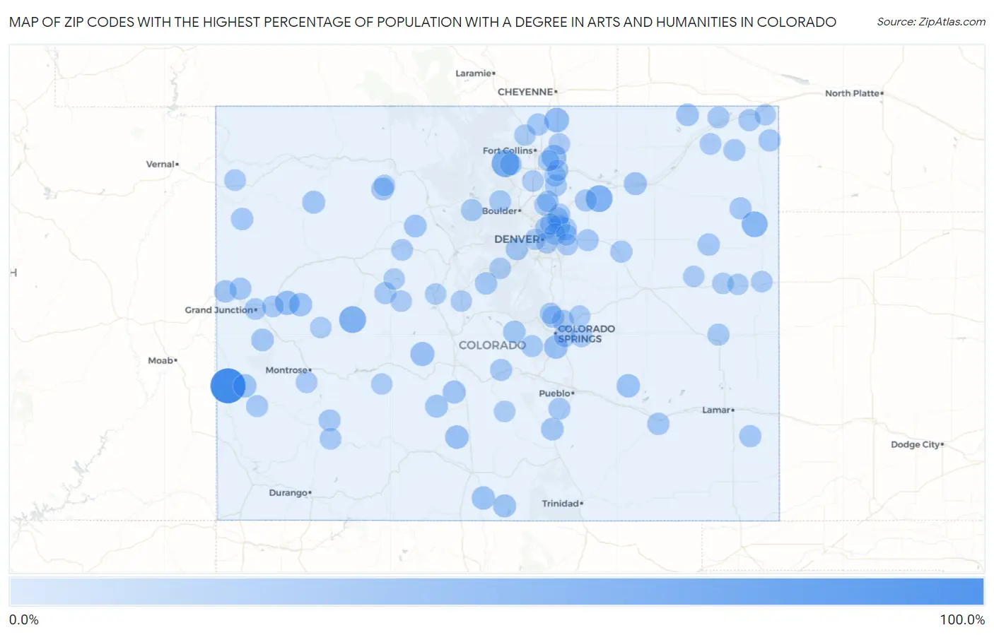 Zip Codes with the Highest Percentage of Population with a Degree in Arts and Humanities in Colorado Map