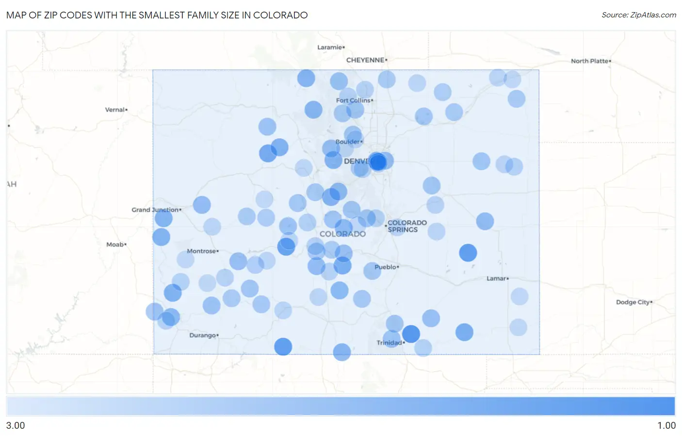 Zip Codes with the Smallest Family Size in Colorado Map