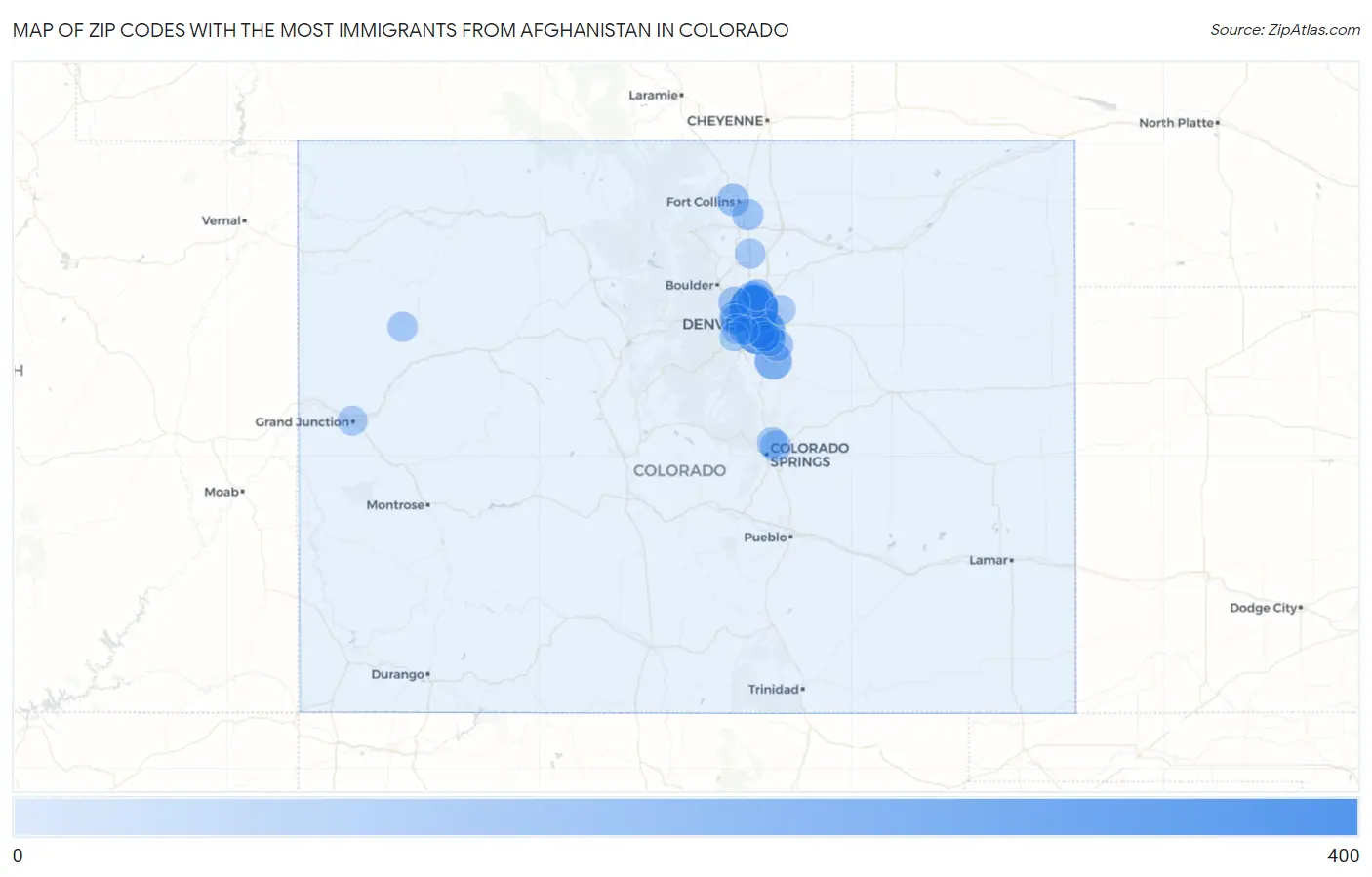 Zip Codes with the Most Immigrants from Afghanistan in Colorado Map