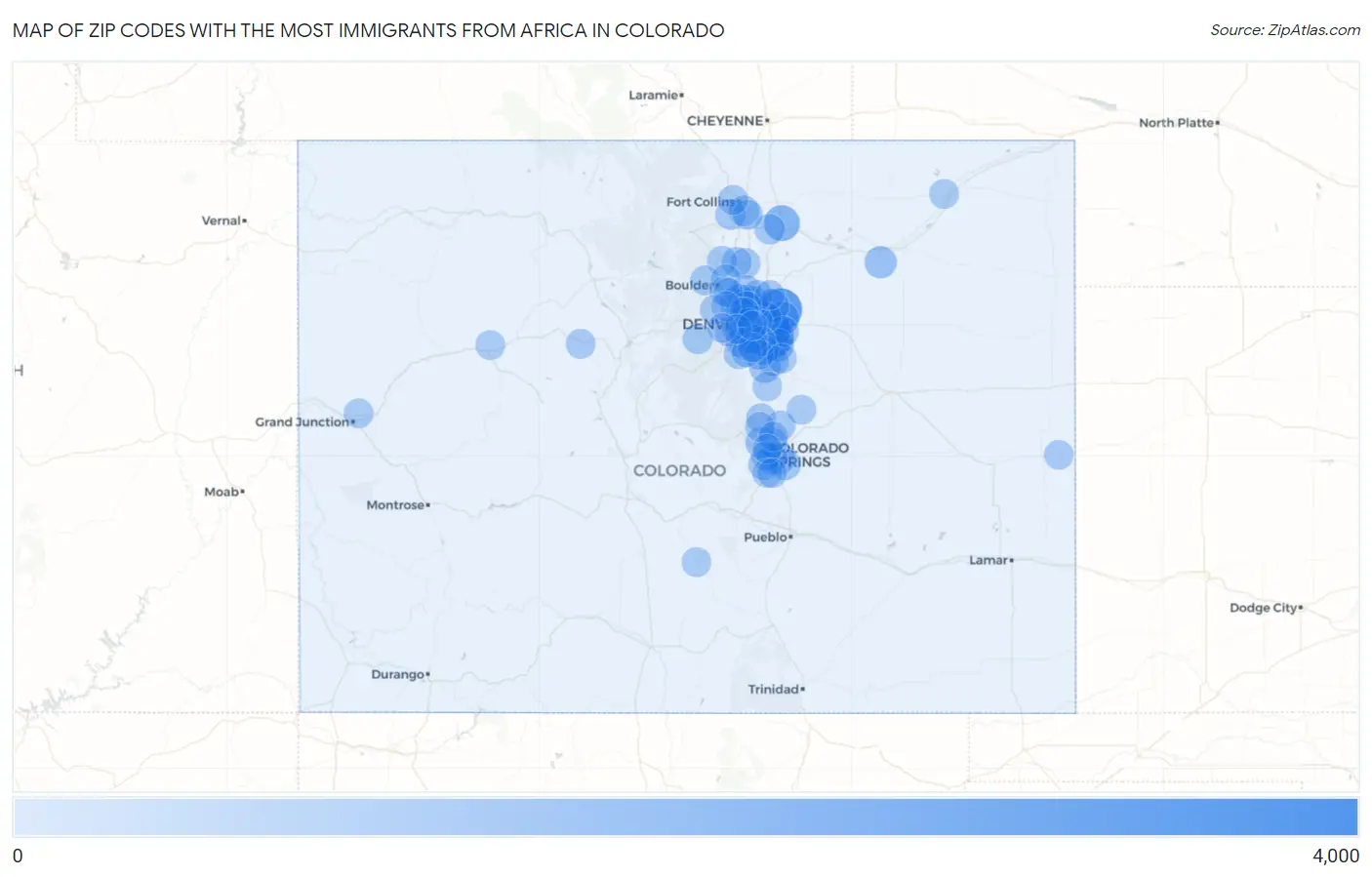 Zip Codes with the Most Immigrants from Africa in Colorado Map