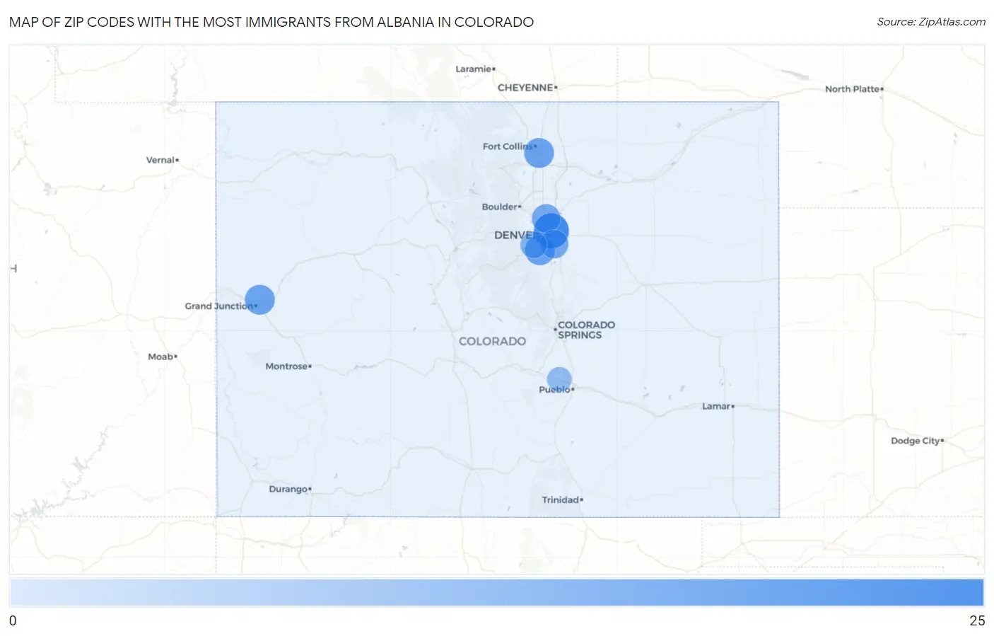 Zip Codes with the Most Immigrants from Albania in Colorado Map