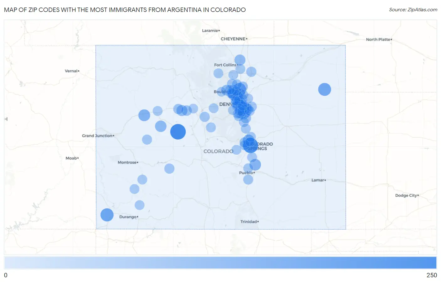 Zip Codes with the Most Immigrants from Argentina in Colorado Map