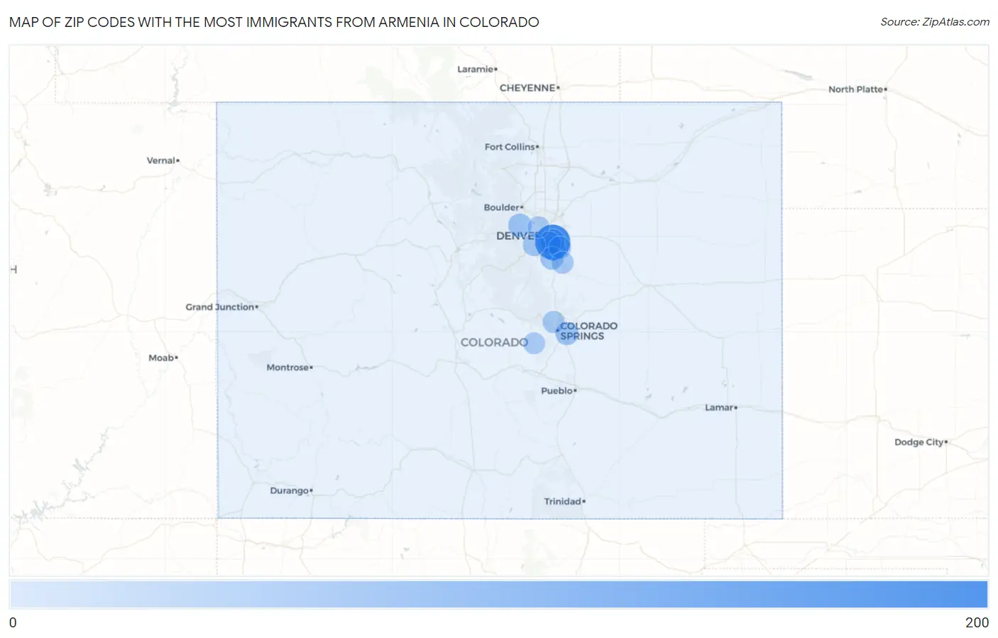 Zip Codes with the Most Immigrants from Armenia in Colorado Map