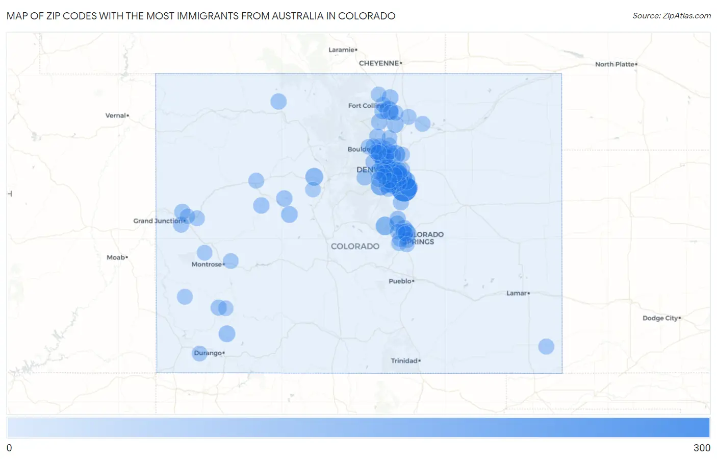 Zip Codes with the Most Immigrants from Australia in Colorado Map