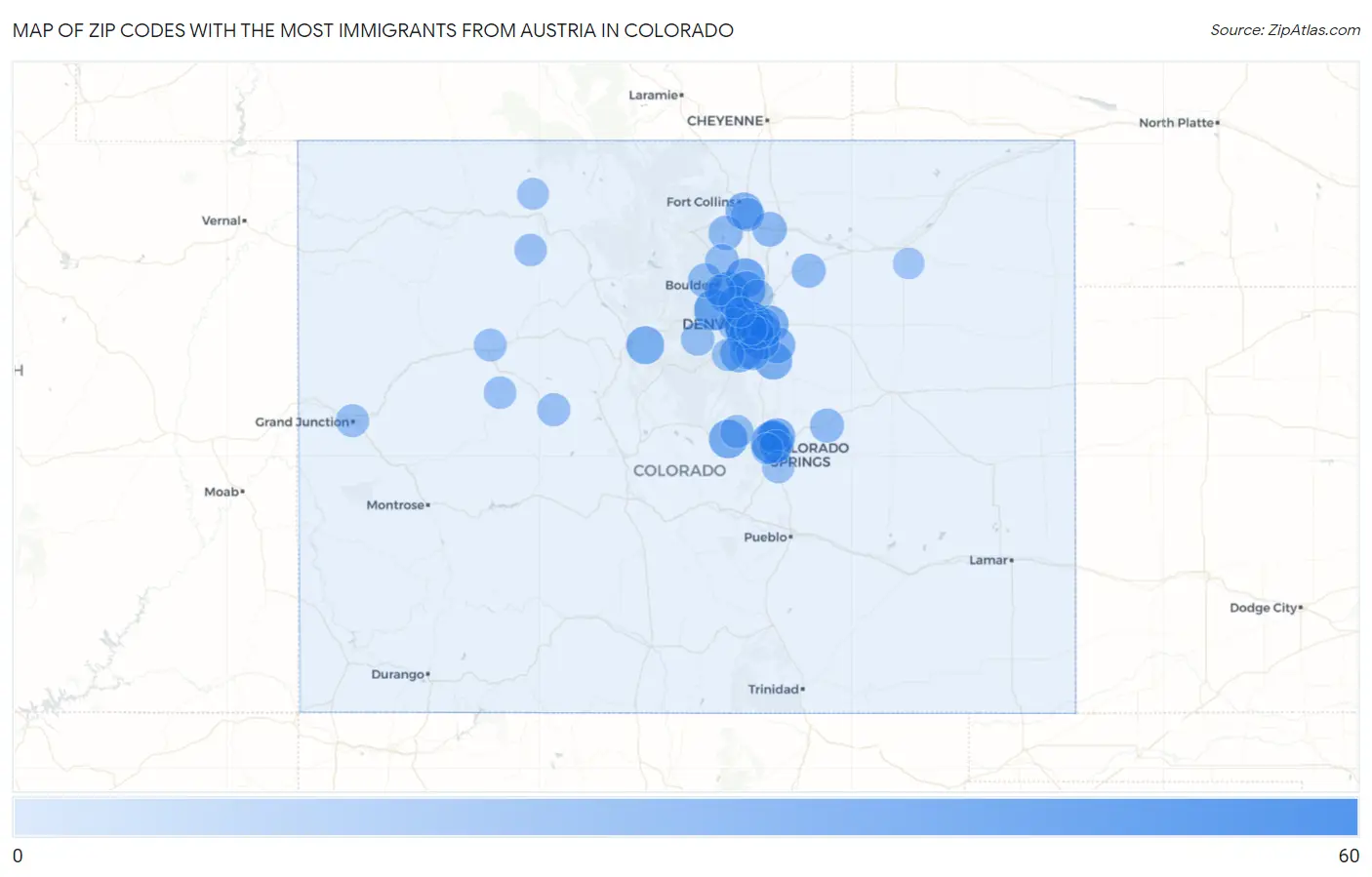 Zip Codes with the Most Immigrants from Austria in Colorado Map