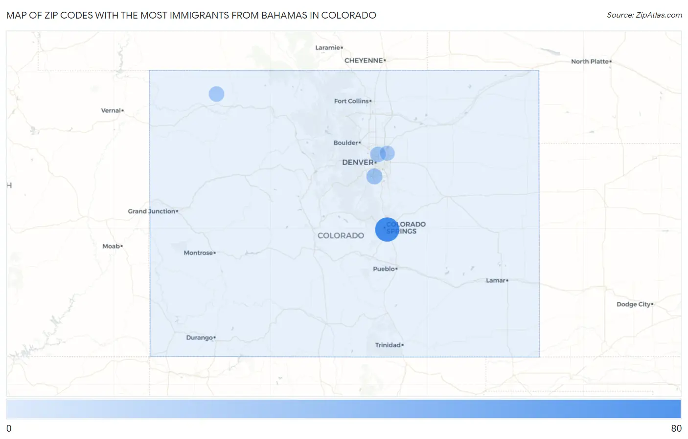Zip Codes with the Most Immigrants from Bahamas in Colorado Map