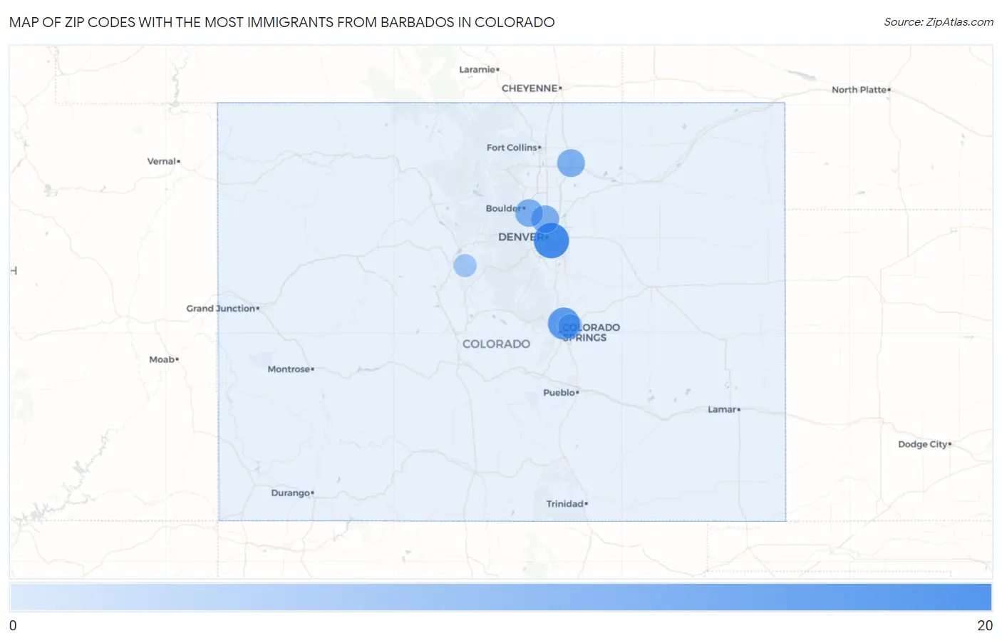 Zip Codes with the Most Immigrants from Barbados in Colorado Map