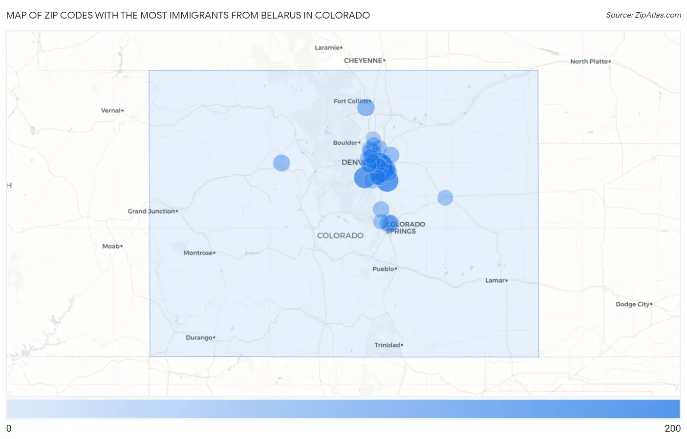 Zip Codes with the Most Immigrants from Belarus in Colorado Map