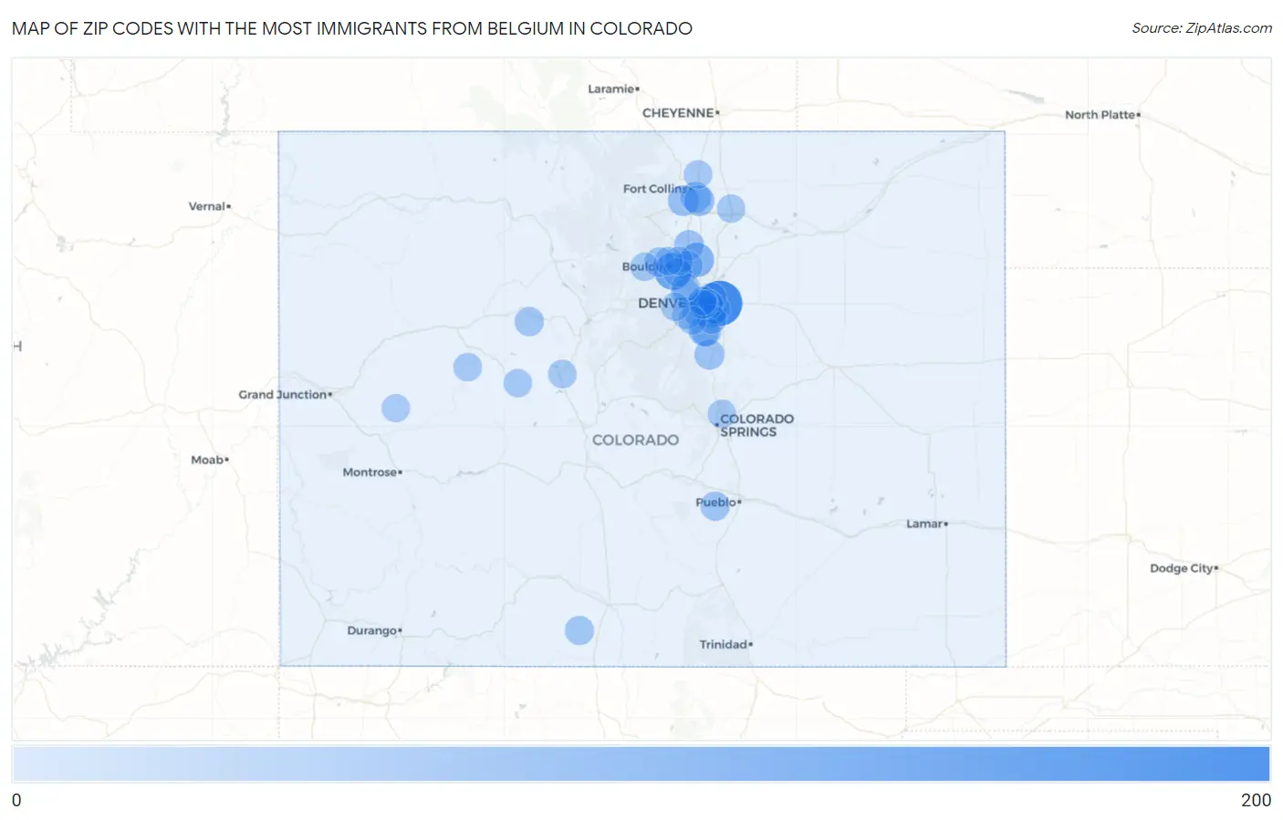 Zip Codes with the Most Immigrants from Belgium in Colorado Map