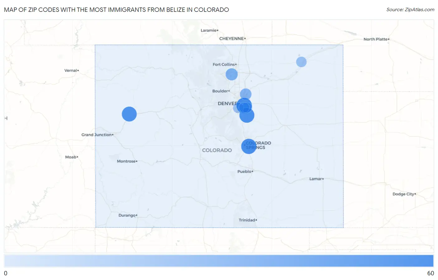 Zip Codes with the Most Immigrants from Belize in Colorado Map