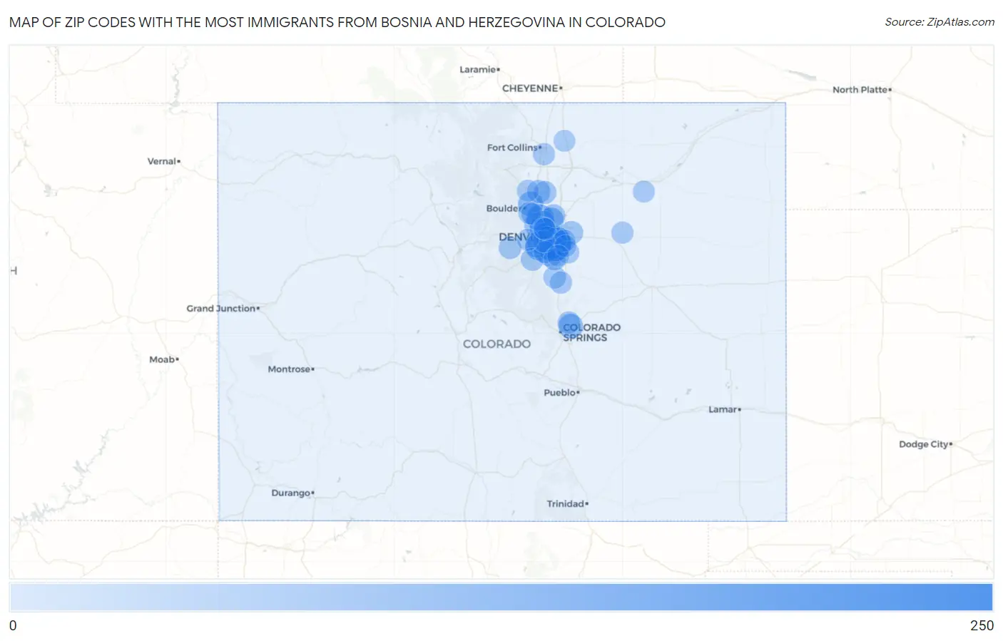 Zip Codes with the Most Immigrants from Bosnia and Herzegovina in Colorado Map