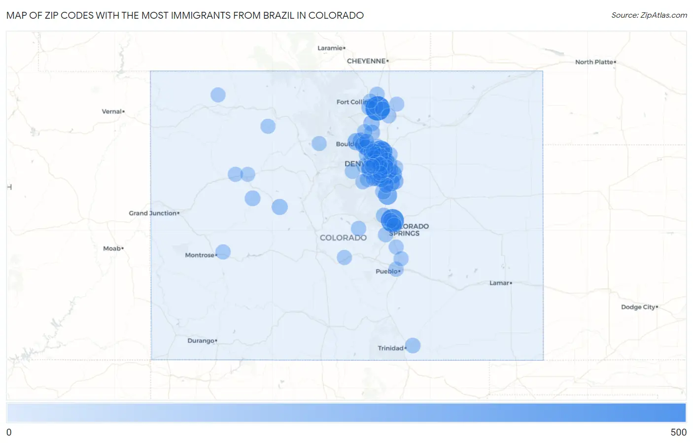 Zip Codes with the Most Immigrants from Brazil in Colorado Map