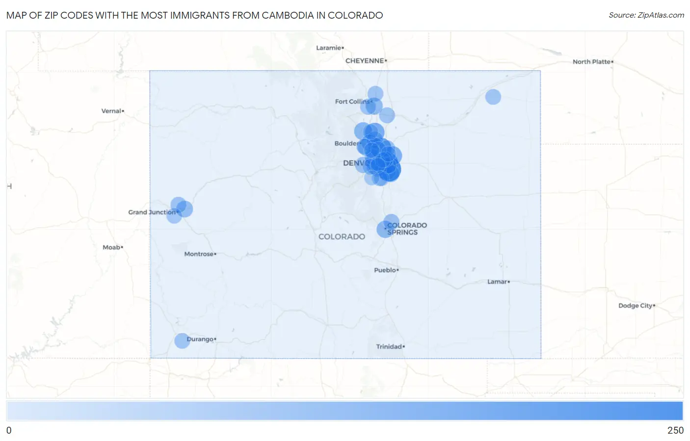 Zip Codes with the Most Immigrants from Cambodia in Colorado Map