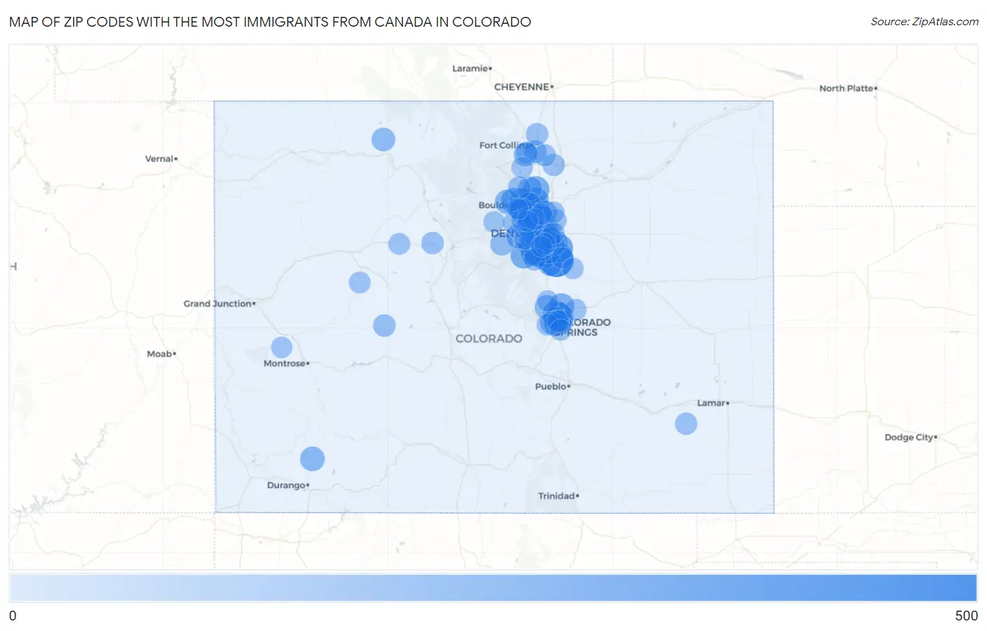 Zip Codes with the Most Immigrants from Canada in Colorado Map