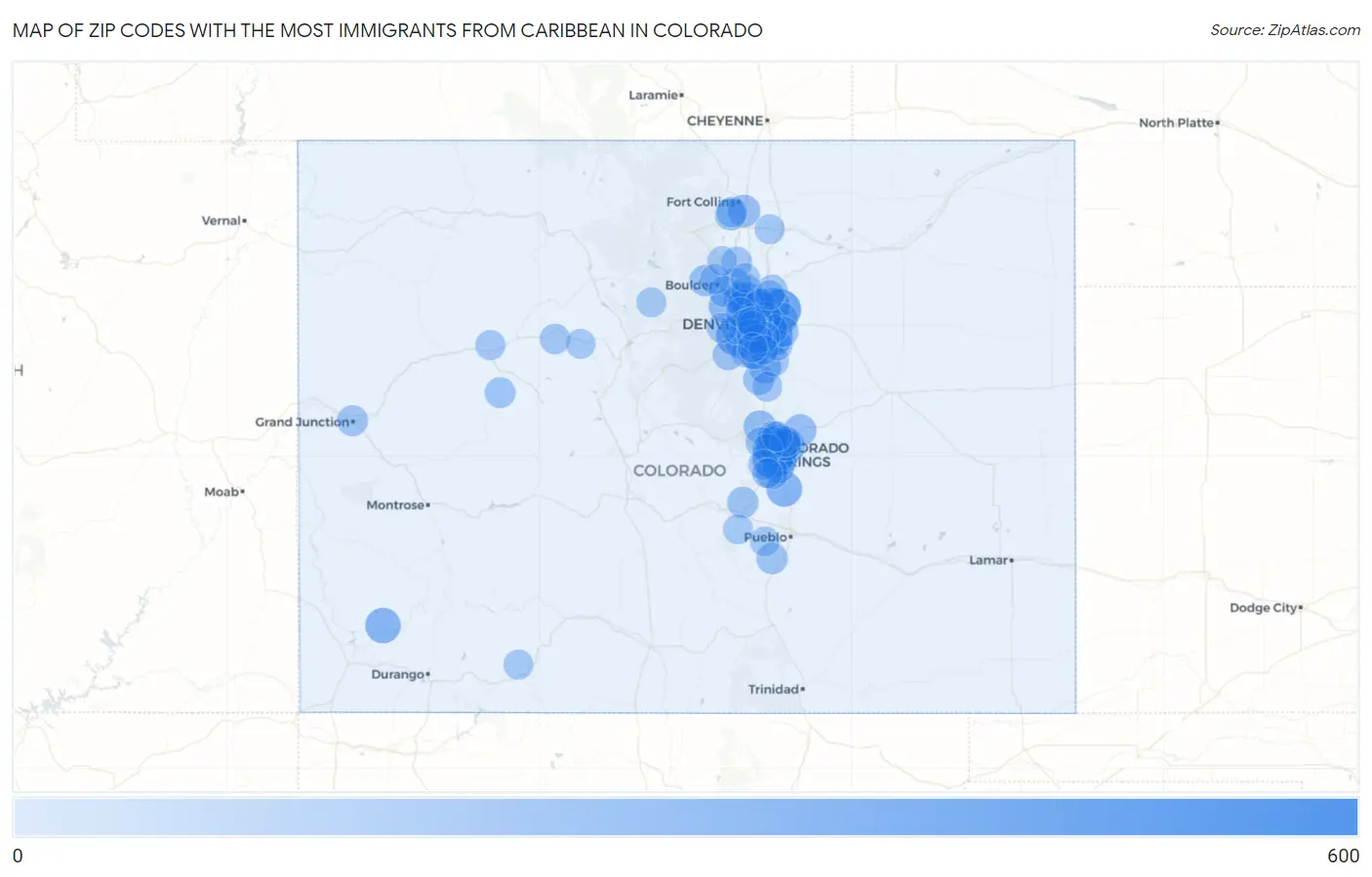 Zip Codes with the Most Immigrants from Caribbean in Colorado Map
