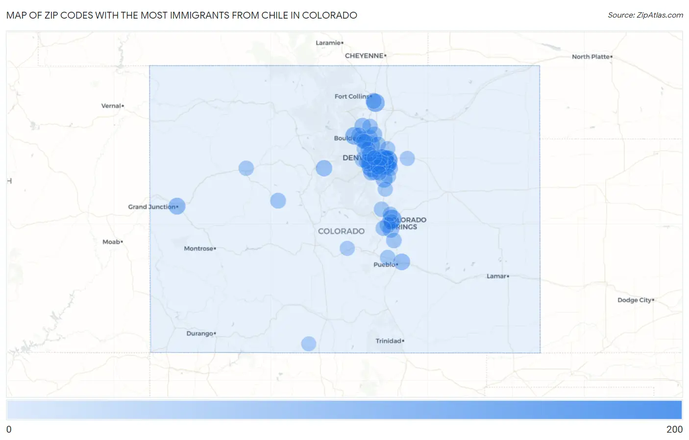Zip Codes with the Most Immigrants from Chile in Colorado Map