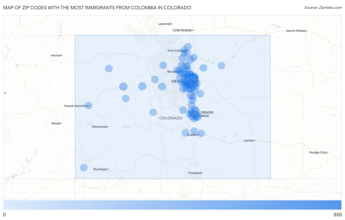 Zip Codes with the Most Immigrants from Colombia in Colorado Map