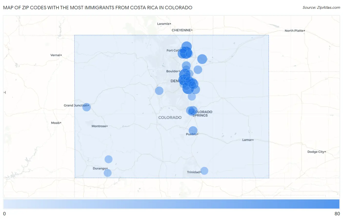 Zip Codes with the Most Immigrants from Costa Rica in Colorado Map