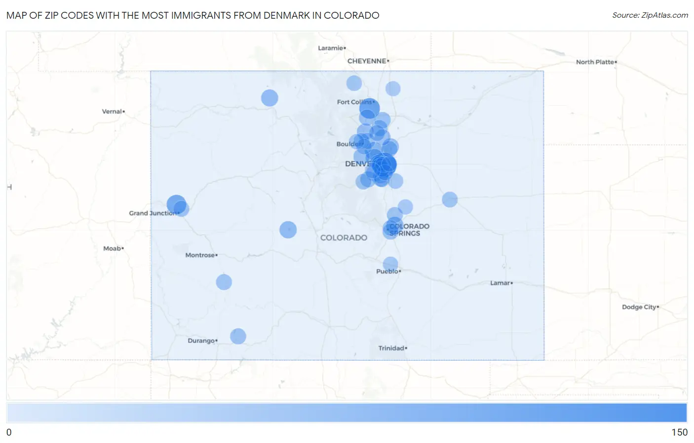 Zip Codes with the Most Immigrants from Denmark in Colorado Map