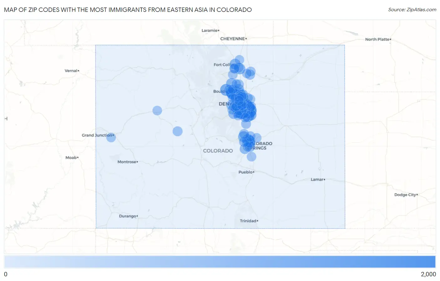 Zip Codes with the Most Immigrants from Eastern Asia in Colorado Map