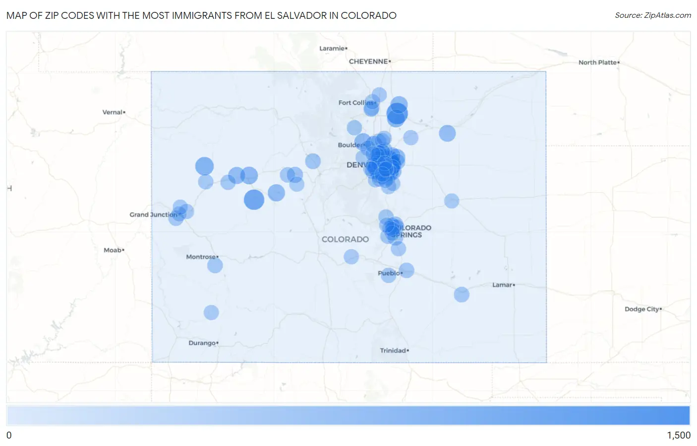 Zip Codes with the Most Immigrants from El Salvador in Colorado Map