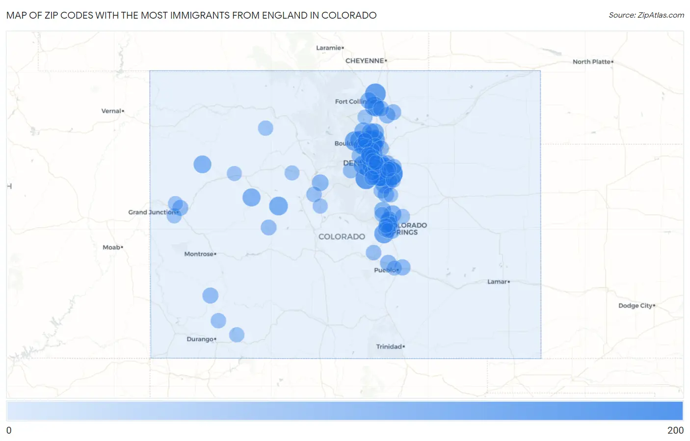 Zip Codes with the Most Immigrants from England in Colorado Map