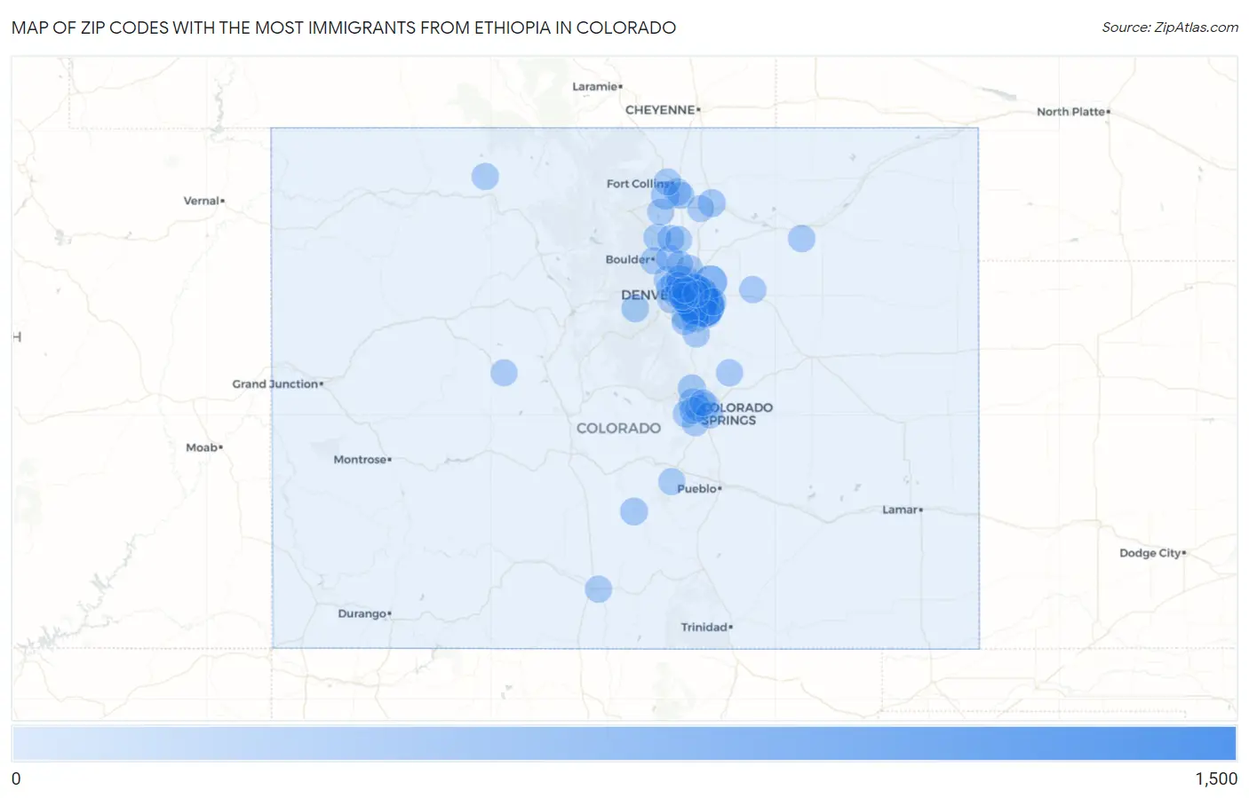 Zip Codes with the Most Immigrants from Ethiopia in Colorado Map