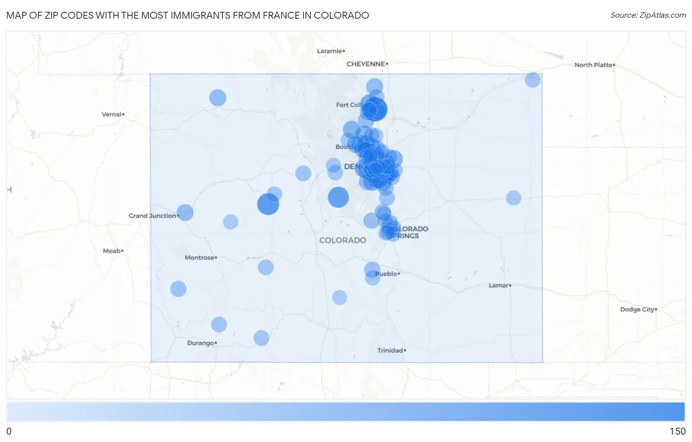 Zip Codes with the Most Immigrants from France in Colorado Map