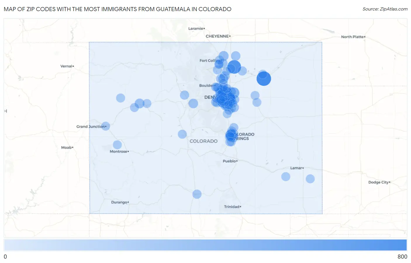Zip Codes with the Most Immigrants from Guatemala in Colorado Map