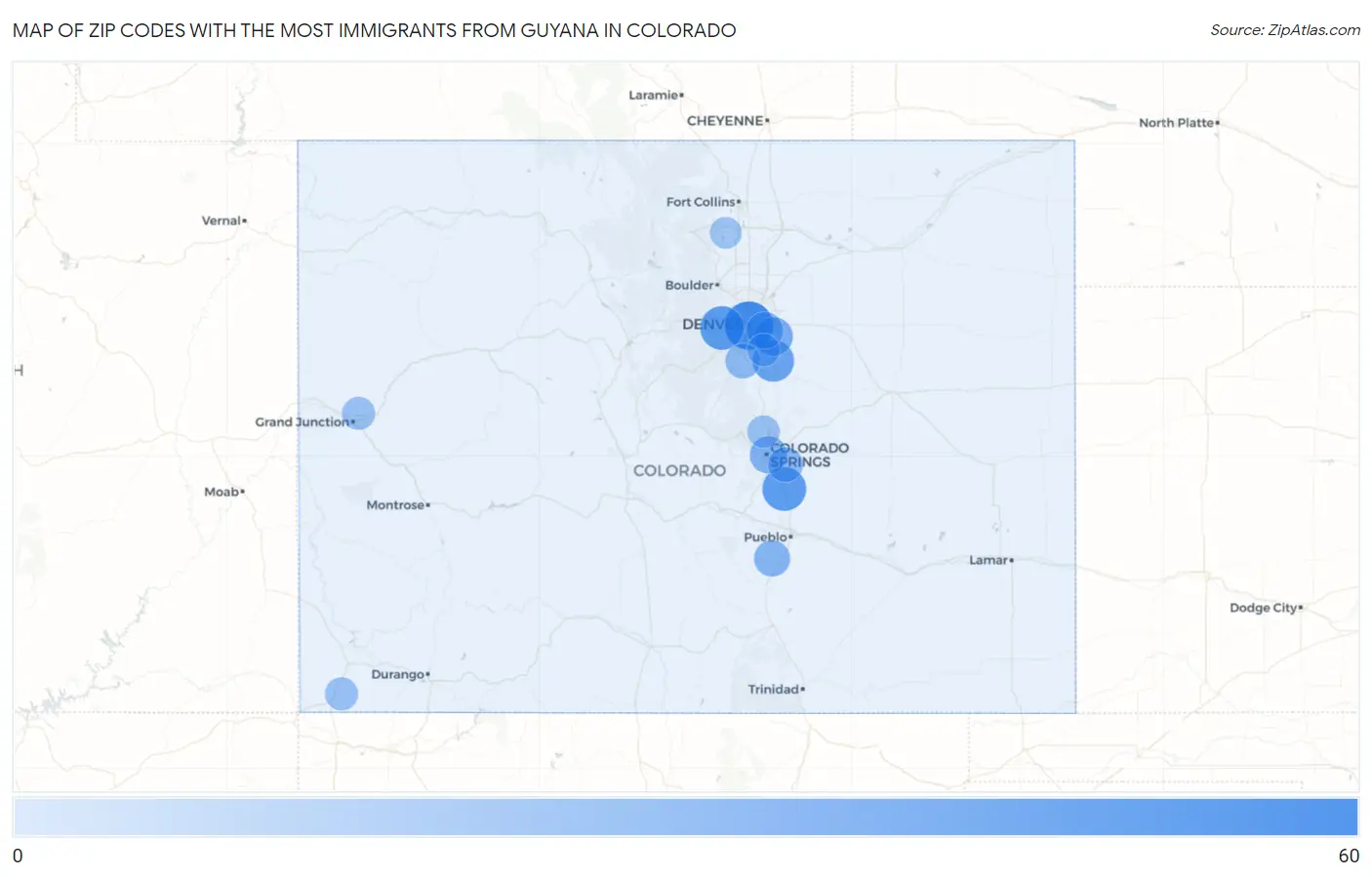 Zip Codes with the Most Immigrants from Guyana in Colorado Map