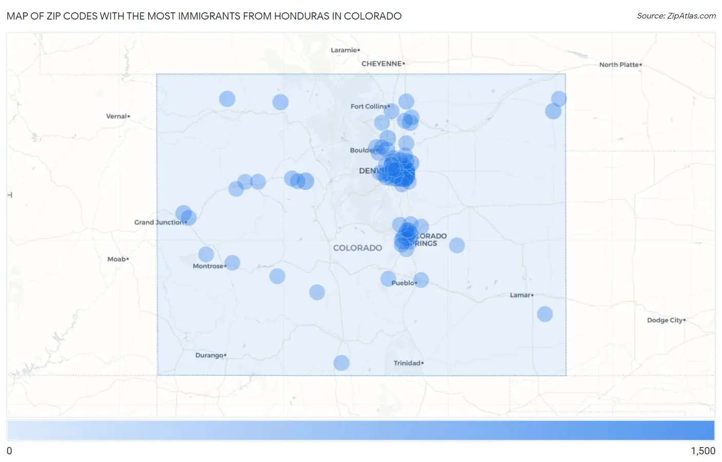 Zip Codes with the Most Immigrants from Honduras in Colorado Map