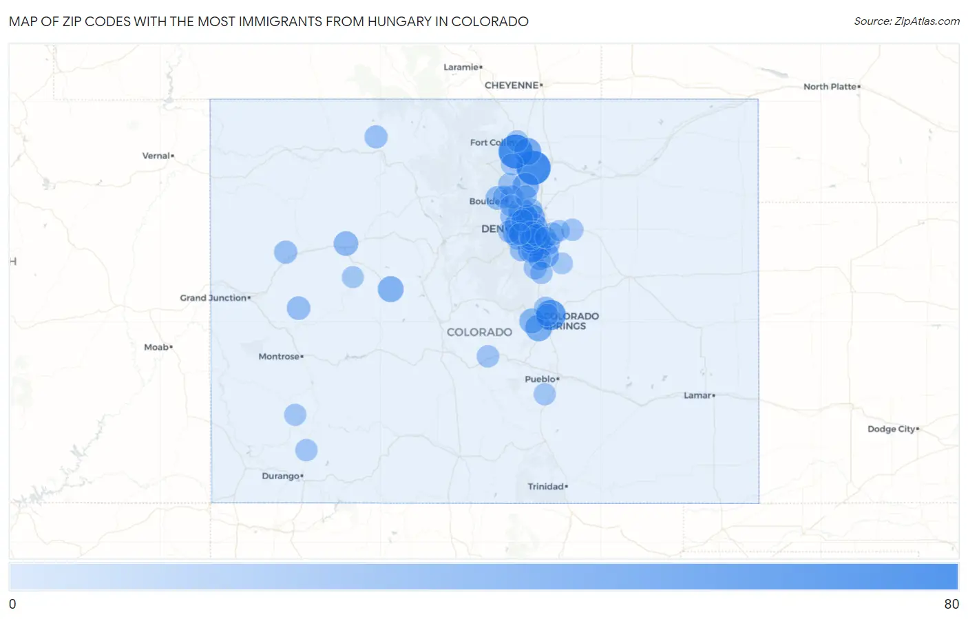 Zip Codes with the Most Immigrants from Hungary in Colorado Map