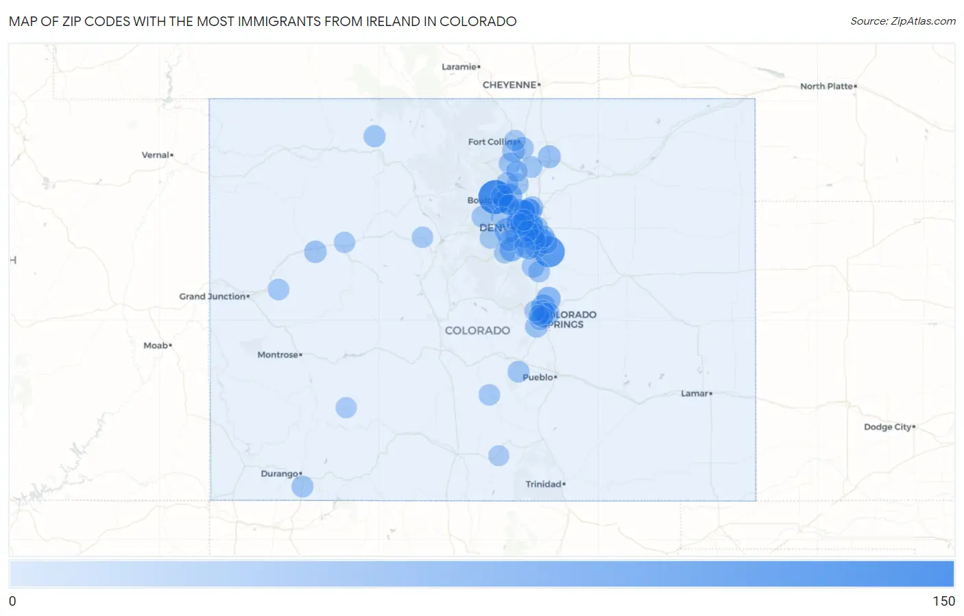 Zip Codes with the Most Immigrants from Ireland in Colorado Map