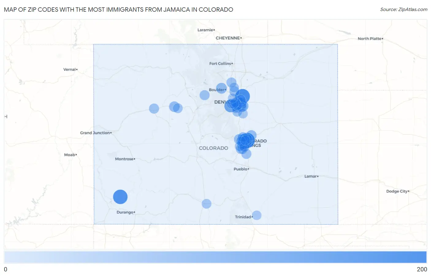 Zip Codes with the Most Immigrants from Jamaica in Colorado Map