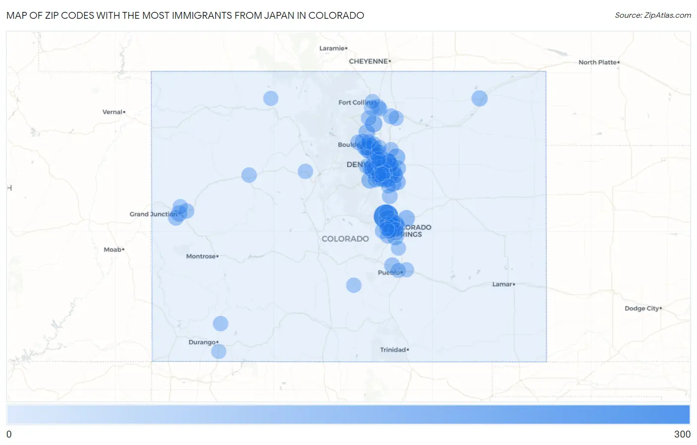 Zip Codes with the Most Immigrants from Japan in Colorado Map
