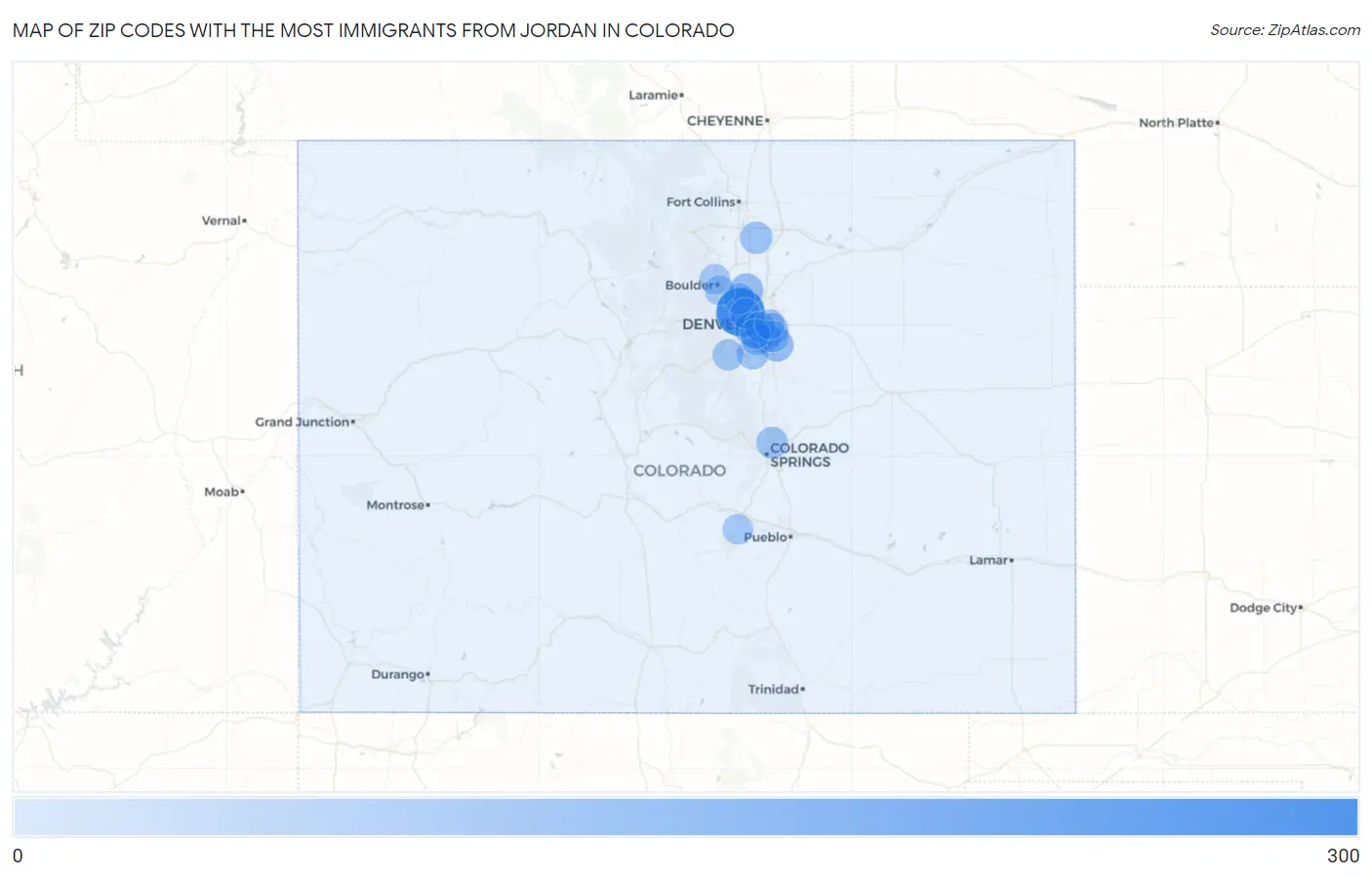 Zip Codes with the Most Immigrants from Jordan in Colorado Map
