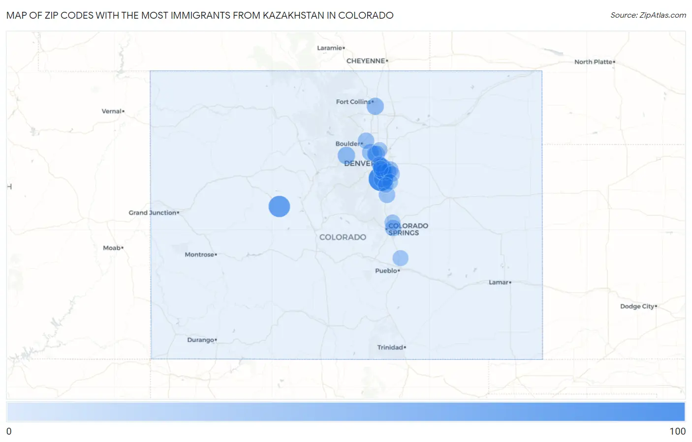 Zip Codes with the Most Immigrants from Kazakhstan in Colorado Map
