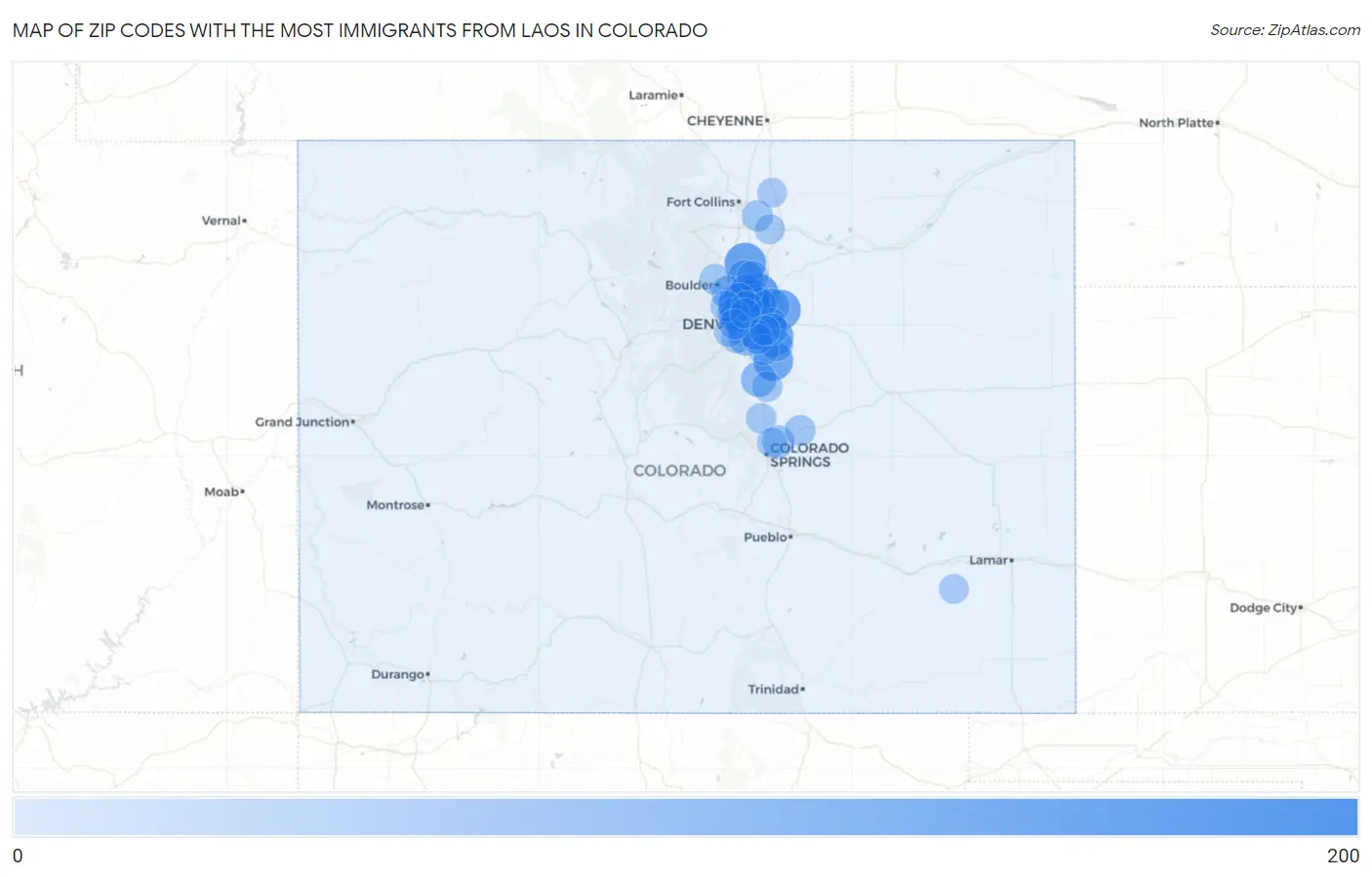 Zip Codes with the Most Immigrants from Laos in Colorado Map