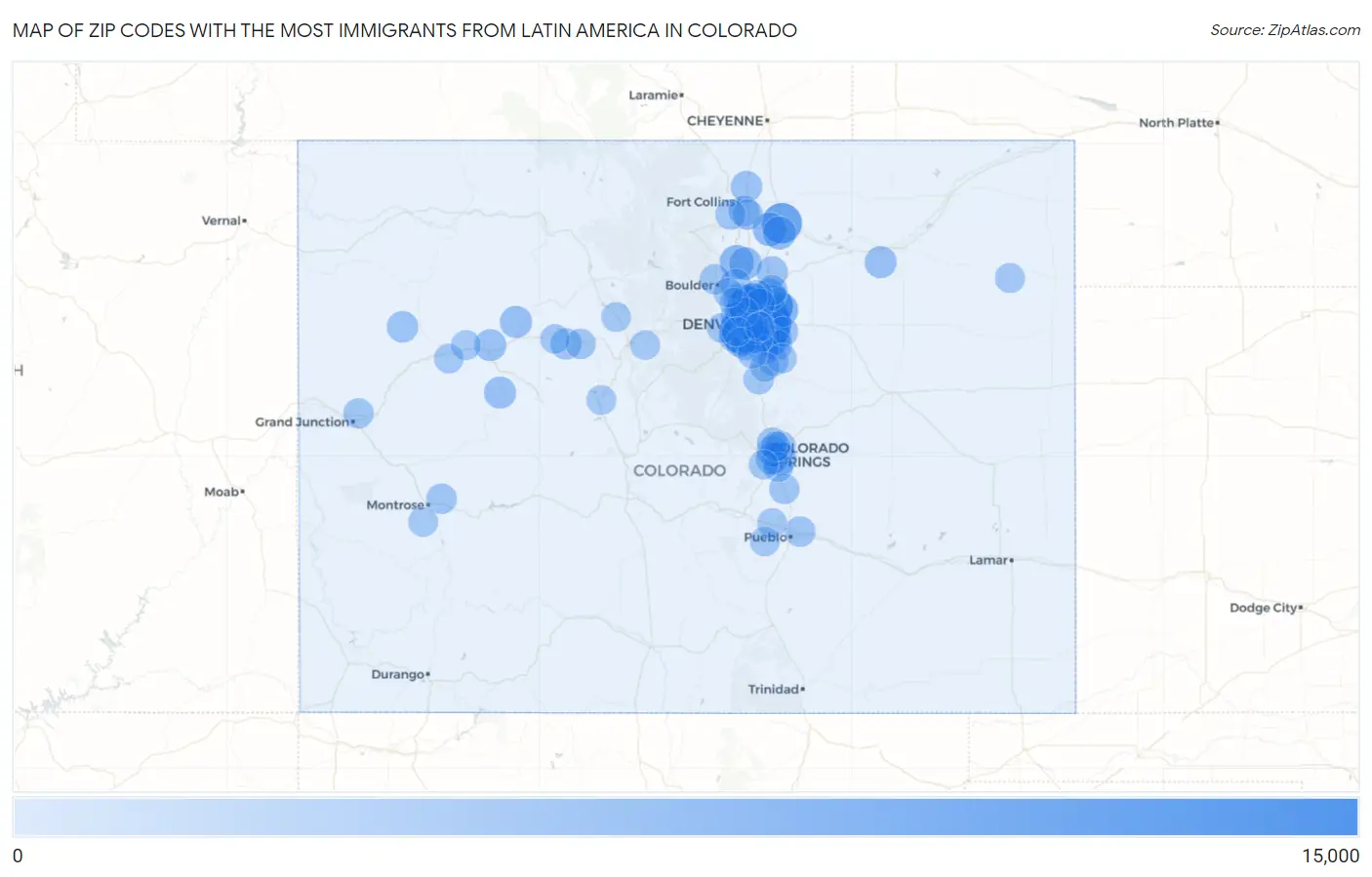Zip Codes with the Most Immigrants from Latin America in Colorado Map