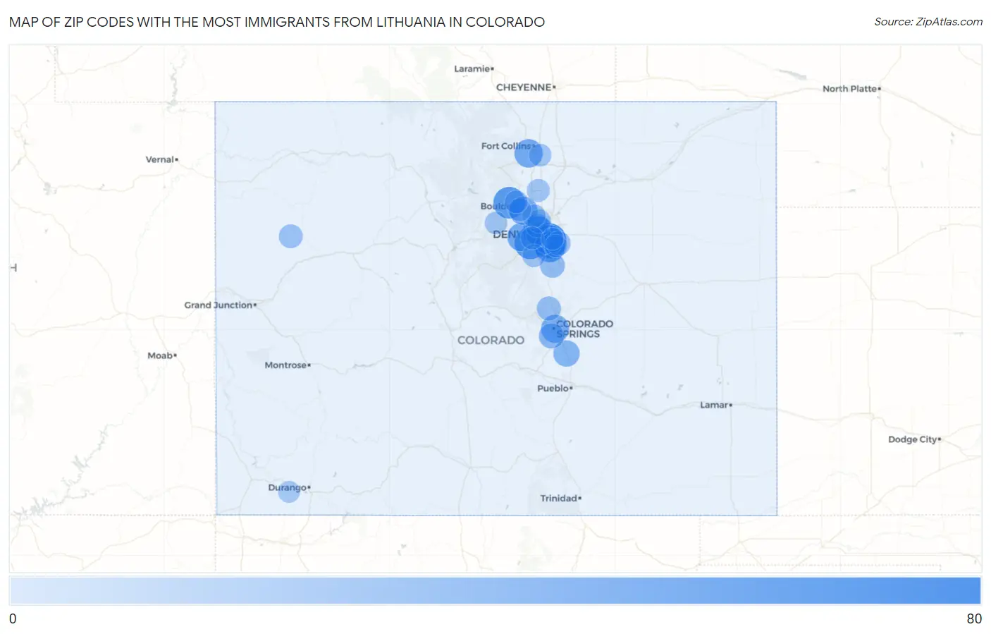 Zip Codes with the Most Immigrants from Lithuania in Colorado Map